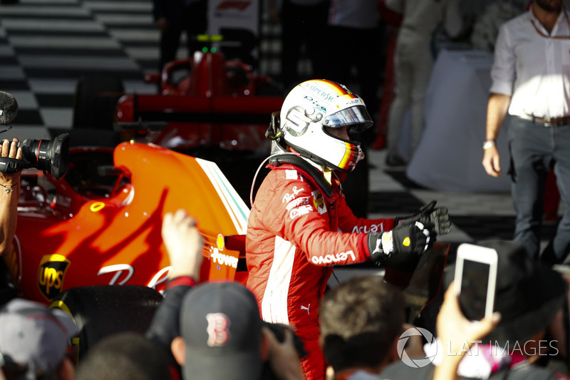 Race winner Sebastian Vettel, Ferrari, celebrates on arrival in Parc Ferme