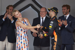 Princess Charlene and Prince Albert of Monaco with Race winner Daniel Ricciardo, Red Bull Racing,on the podium