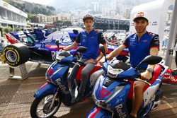 Pierre Gasly, Toro Rosso, poses with Brendon Hartley, Toro Rosso, with Honda motorcycles
