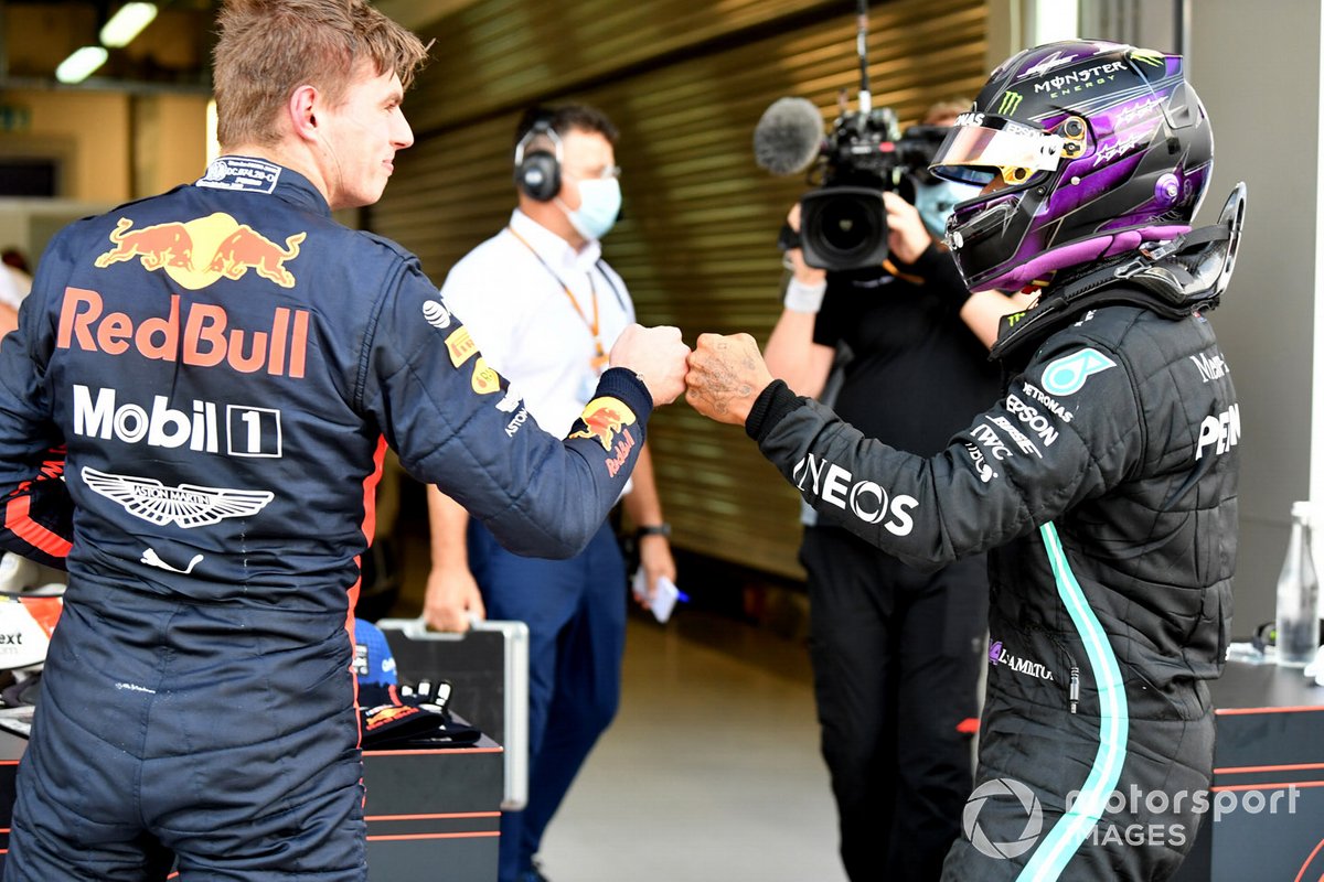 Max Verstappen, Red Bull Racing, congratulates Lewis Hamilton, Mercedes-AMG F1, on securing pole in Parc Ferme