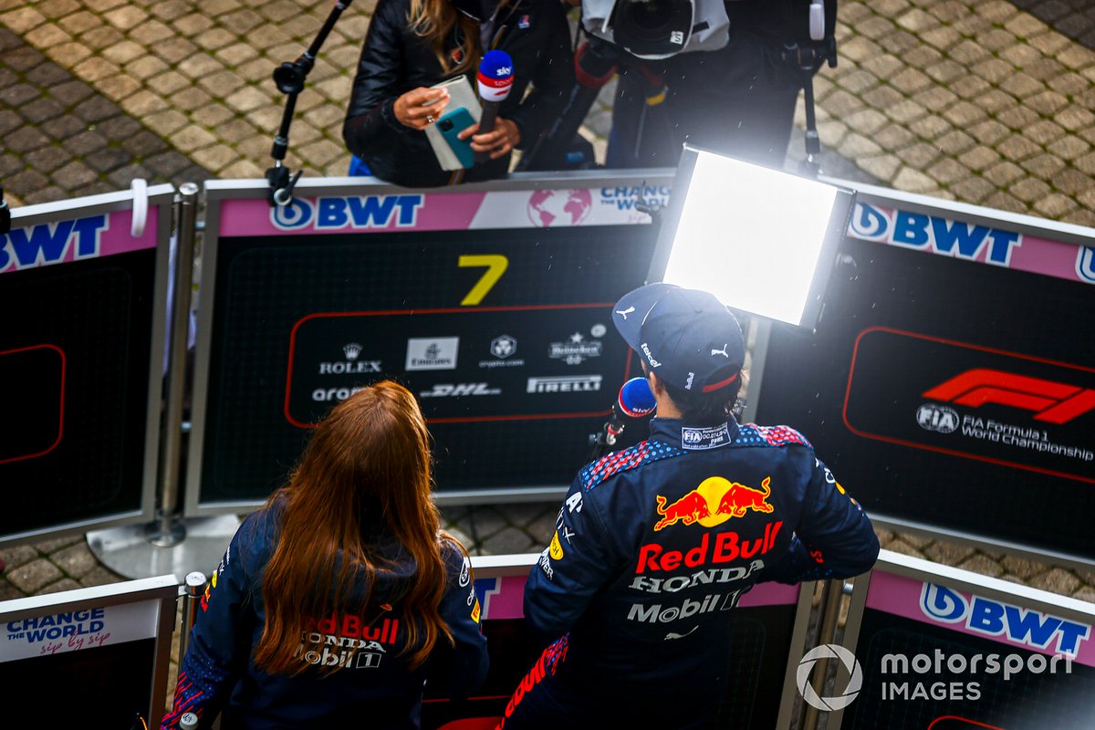 Sergio Perez, Red Bull Racing, is interviewed in Parc Ferme
