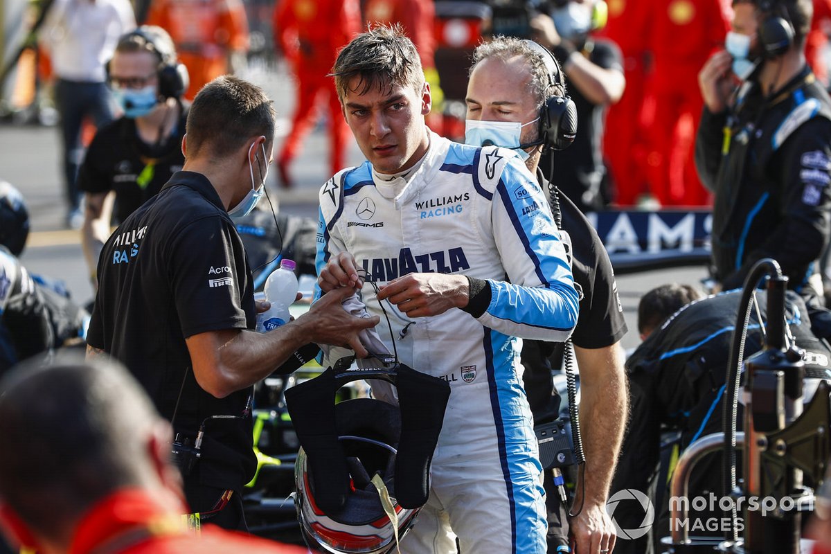 George Russell, Williams FW43, in the pits during a red flag stoppage
