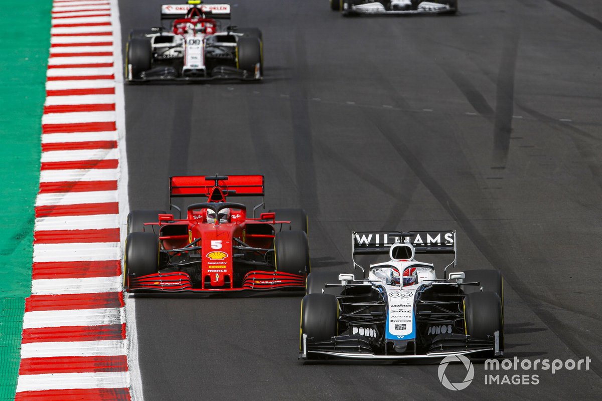 George Russell, Williams FW43, Sebastian Vettel, Ferrari SF1000, and Antonio Giovinazzi, Alfa Romeo Racing C39