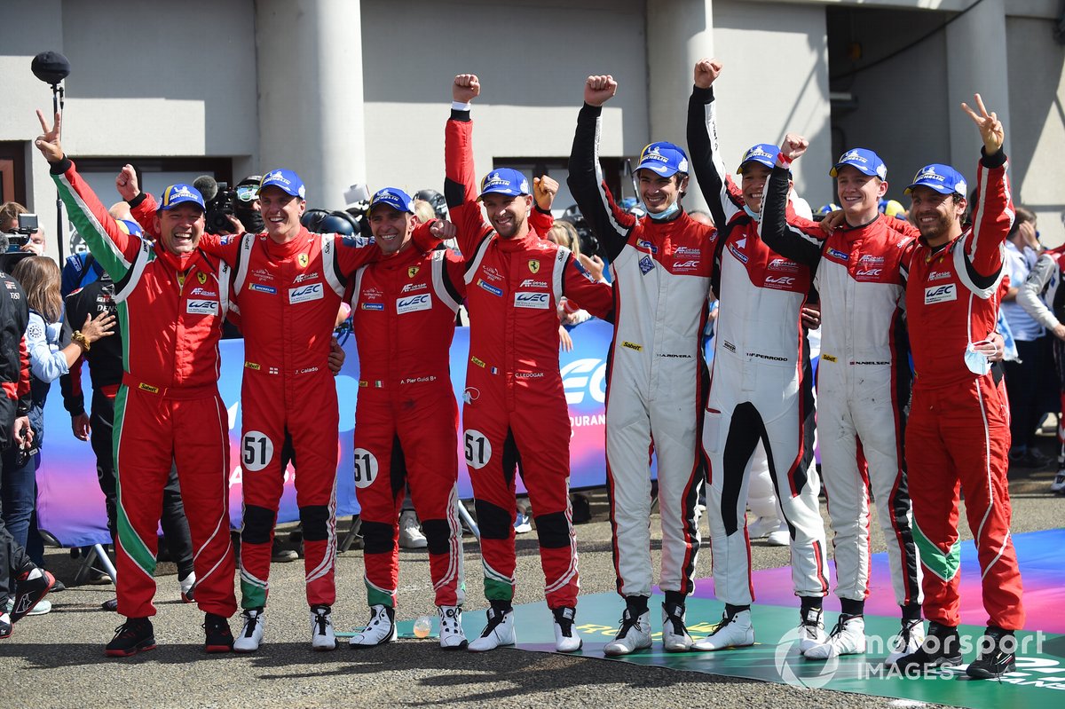 LMGTE Pro winners Alessandro Pier Guidi, James Calado, Côme Ledogar, #51 AF Corse Ferrari 488 GTE EVO LMGTE Pro, LMGTE Am winners François Perrodo, Nicklas Nielsen, Alessio Rovera, #83 AF Corse Ferrari 488 GTE EVO