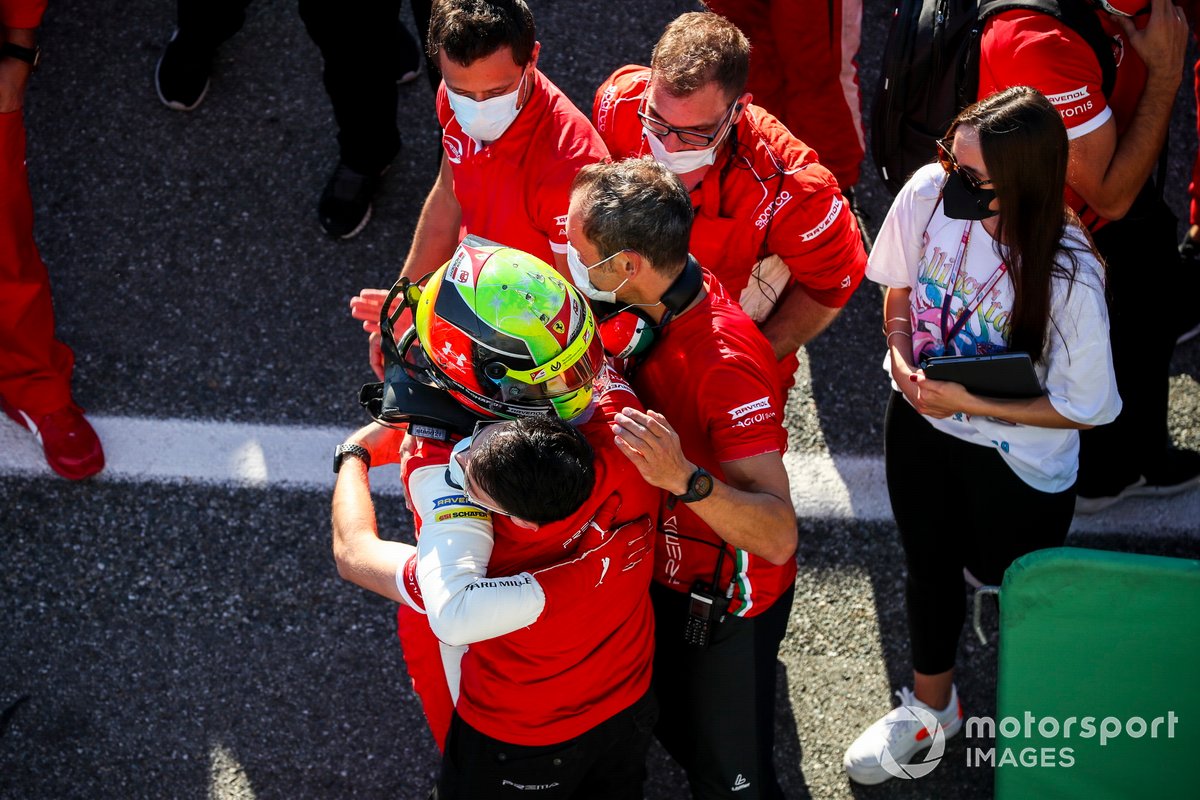 Race winner Mick Schumacher, Prema Racing celebrates in Parc Ferme