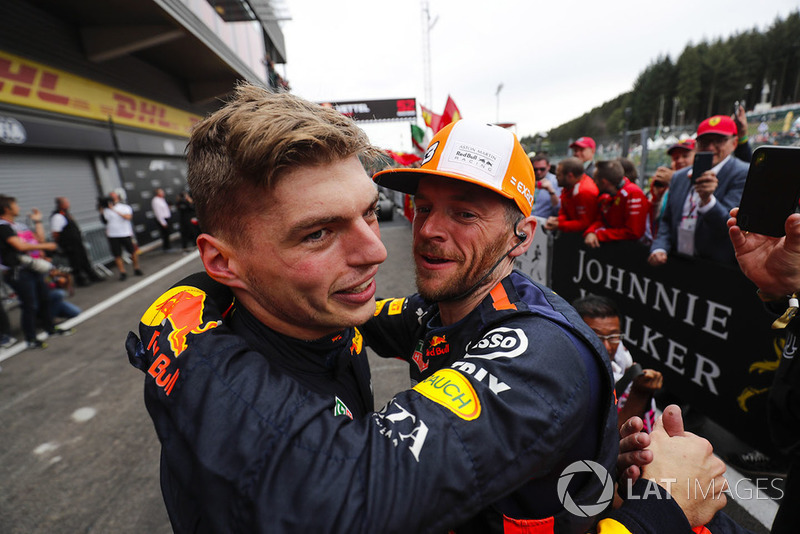 Max Verstappen, Red Bull Racing, celebrates third place in parc ferme