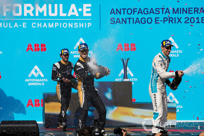 Jean-Eric Vergne, Techeetah, Andre Lotterer, Techeetah enjoy their Mumm Champagne on the podium with Sébastien Buemi, Renault e.Dams