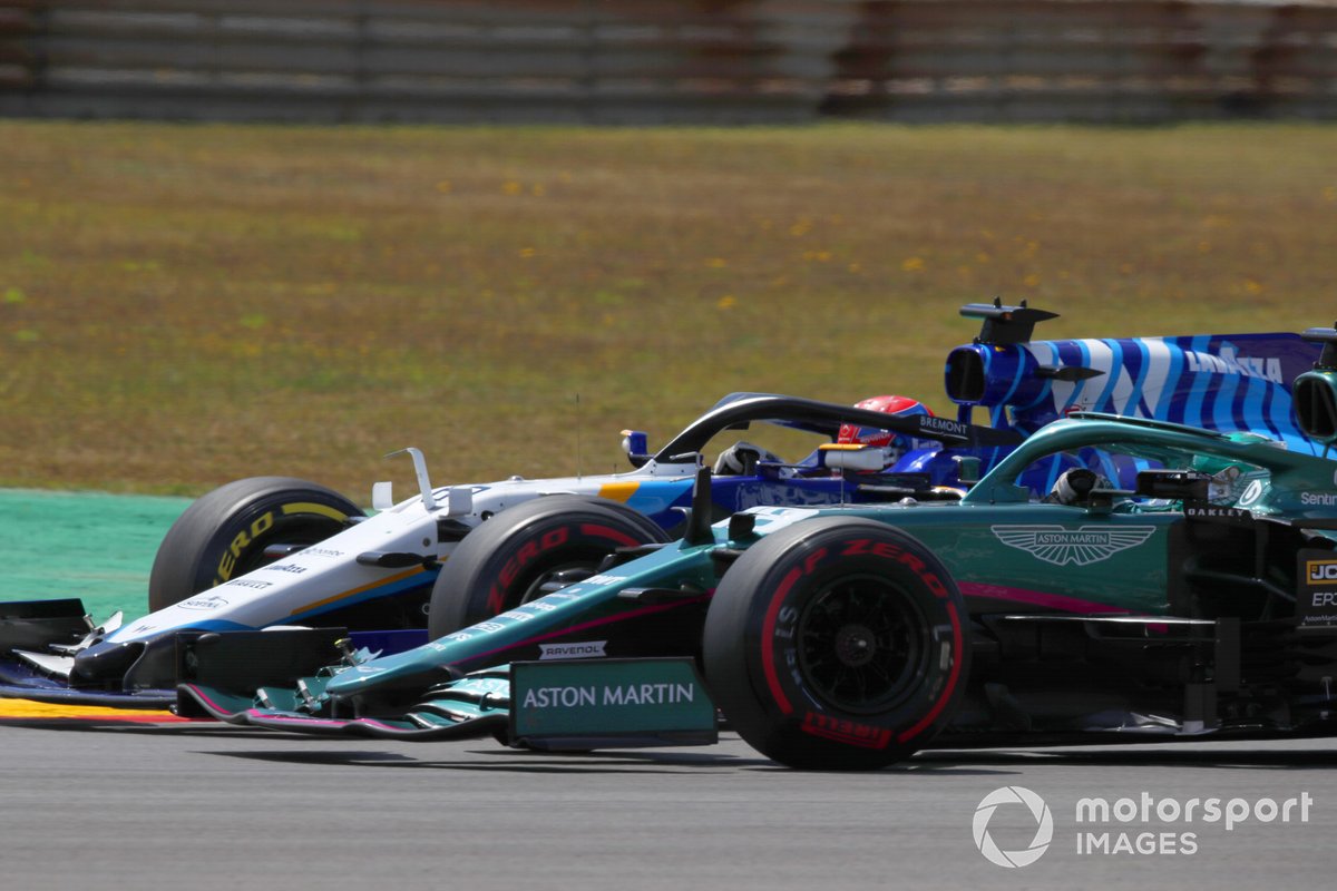 George Russell, Williams FW43B, battles with Lance Stroll, Aston Martin AMR21
