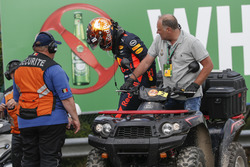 Race retiree Max Verstappen, Red Bull Racing, Race Marshals and Security after stopping on track