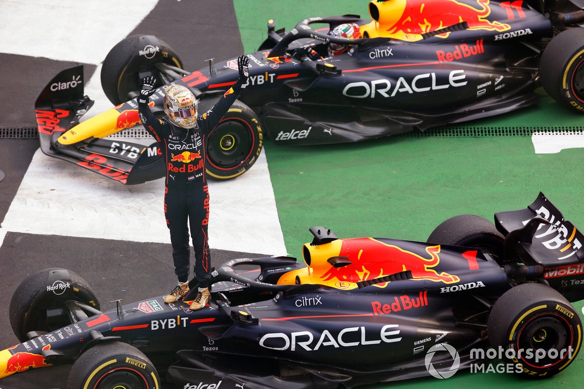 Max Verstappen, Red Bull Racing, 1st position, celebrates on arrival in Parc Ferme