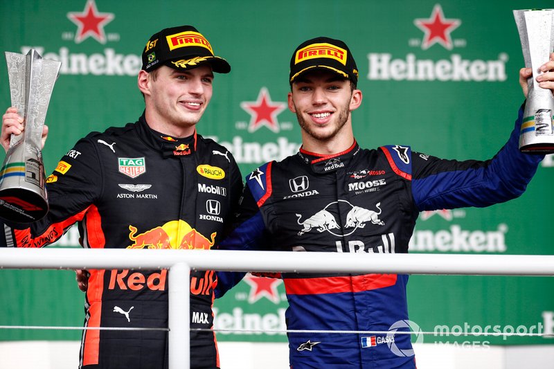 Max Verstappen, Red Bull Racing, 1st position, and Pierre Gasly, Toro Rosso, 2nd position, on the podium with their trophies