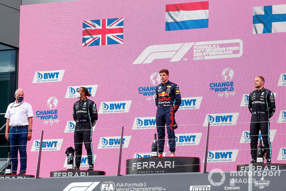 Podium: race winner Max Verstappen, second place Lewis Hamilton, Mercedes. third place Valtteri Bottas, Mercedes