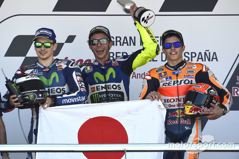 1. Valentino Rossi, 2. Jorge Lorenzo, 3. Marc Marquez