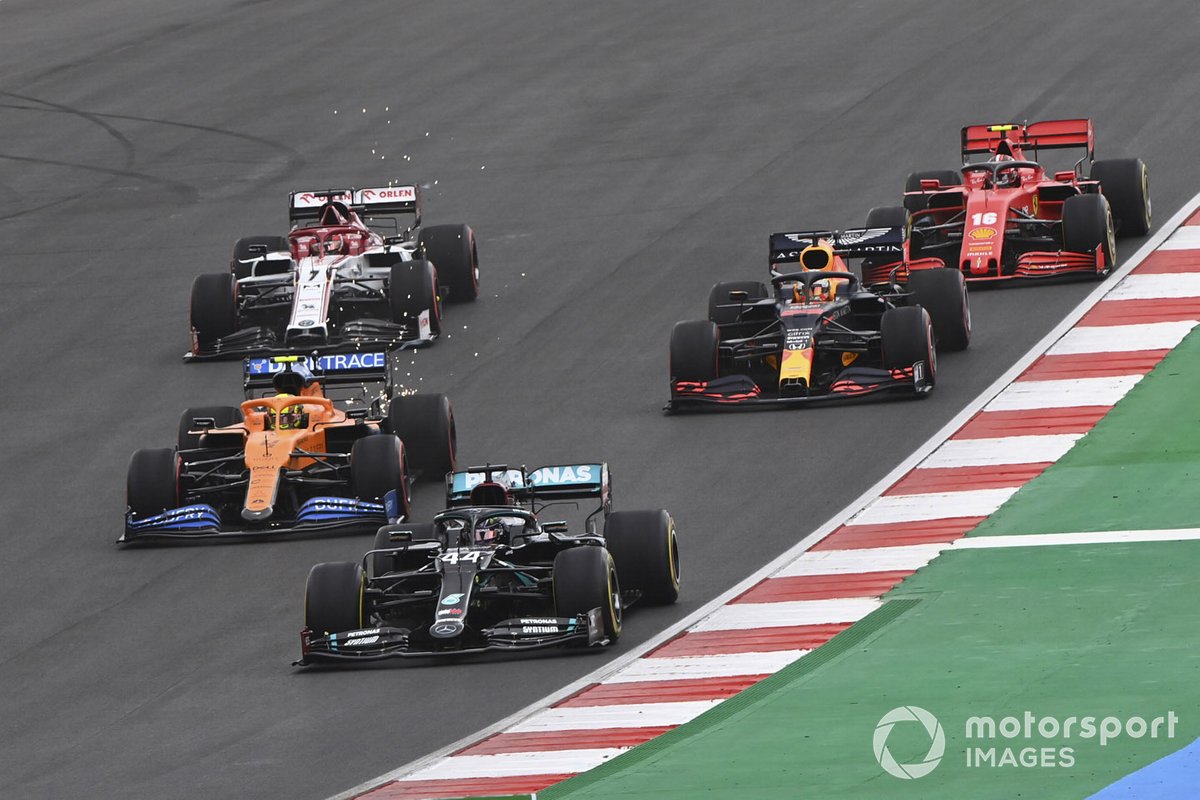 Lewis Hamilton, Mercedes F1 W11, Lando Norris, McLaren MCL35, Max Verstappen, Red Bull Racing RB16, Kimi Raikkonen, Alfa Romeo Racing C39, and Charles Leclerc, Ferrari SF1000