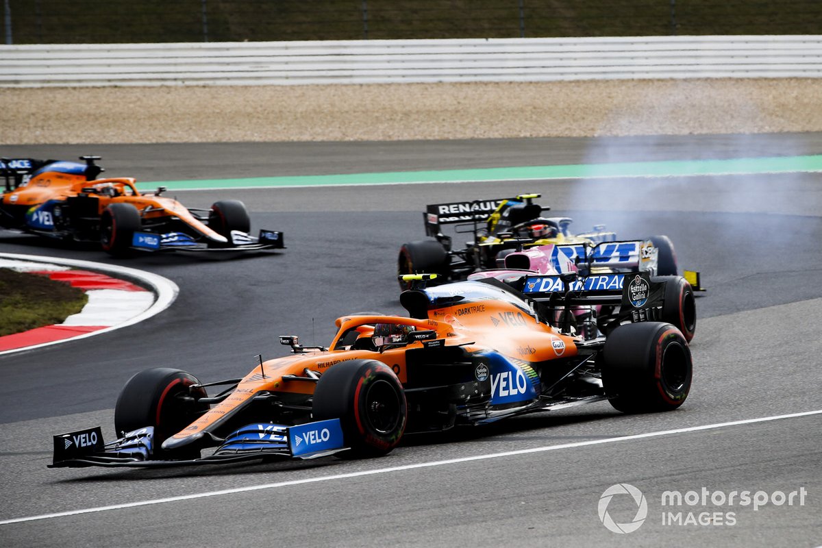 Lando Norris, McLaren MCL35, Sergio Perez, Racing Point RP20, and Esteban Ocon, Renault F1 Team R.S.20