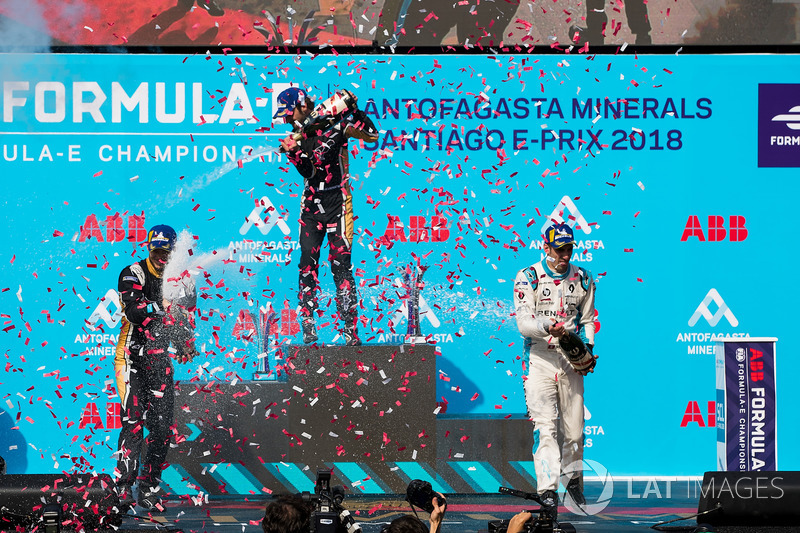 Jean-Eric Vergne, Techeetah, Andre Lotterer, Techeetah enjoy their Mumm Champagne on the podium with Sébastien Buemi, Renault e.Dams