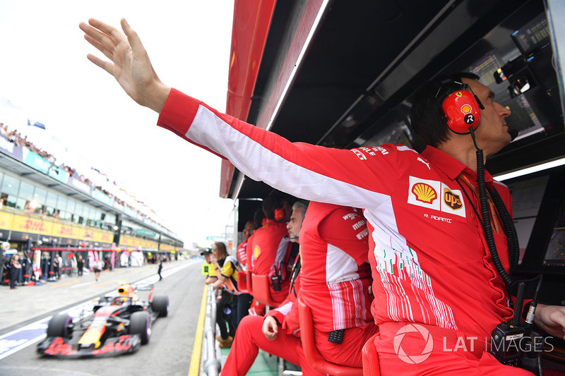 Riccardo Adami, Ferrari Race Engineer on the Ferrari pit wall gantry