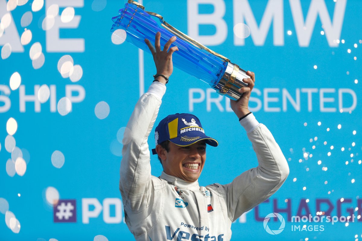 Drivers world champion Nyck de Vries, Mercedes-Benz EQ, on the podium