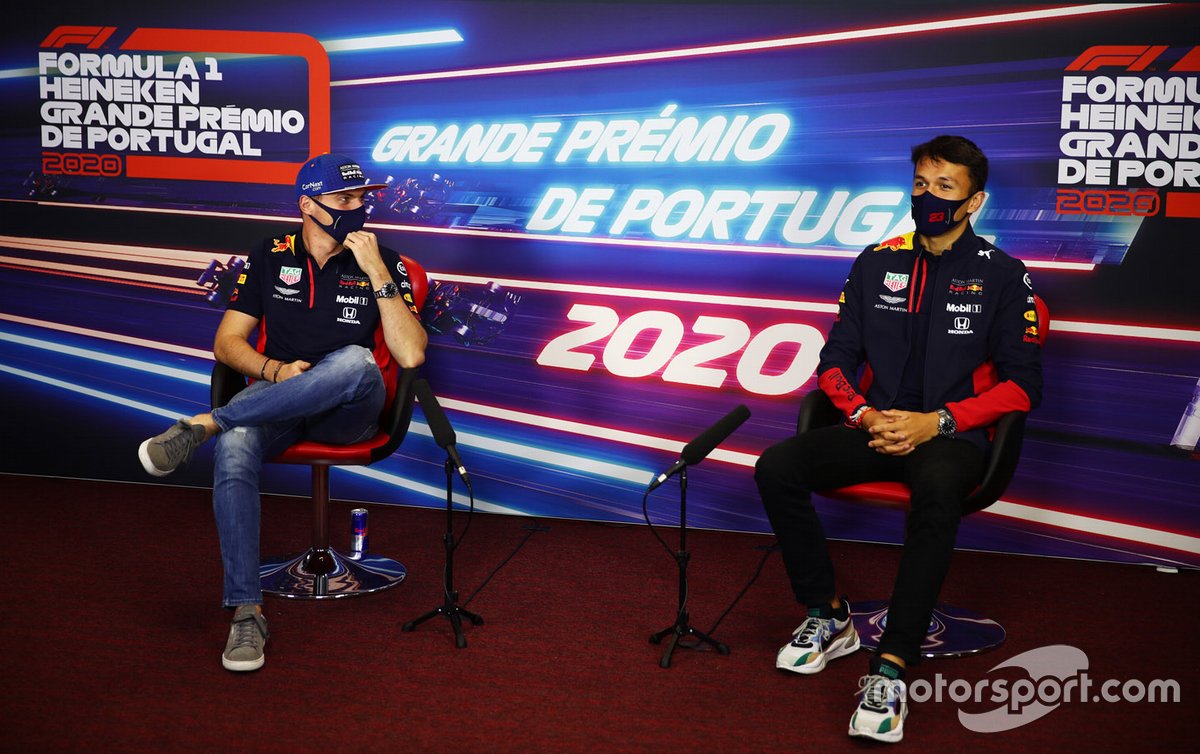 Max Verstappen, Red Bull Racing and Alex Albon, Red Bull Racing in the press conference