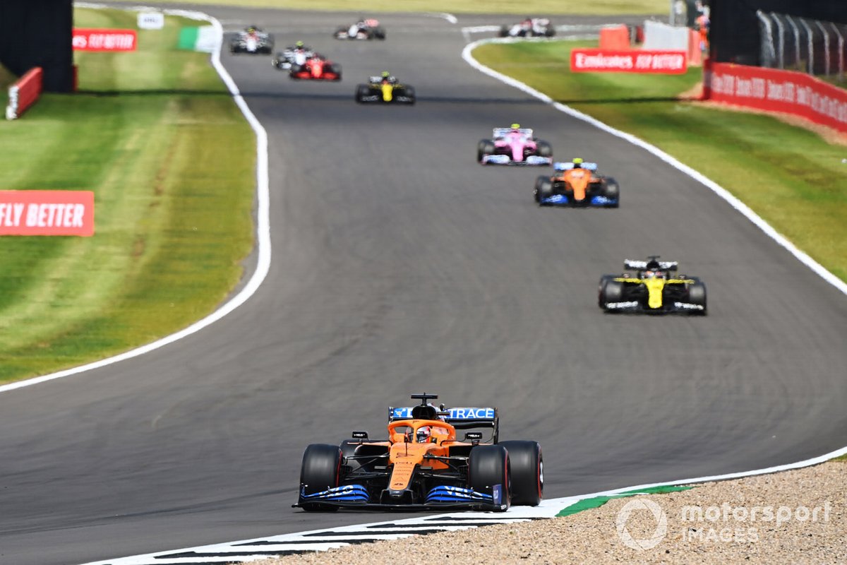 Carlos Sainz Jr., McLaren MCL35, Daniel Ricciardo, Renault F1 Team R.S.20, Lando Norris, McLaren MCL35, and Lance Stroll, Racing Point RP20