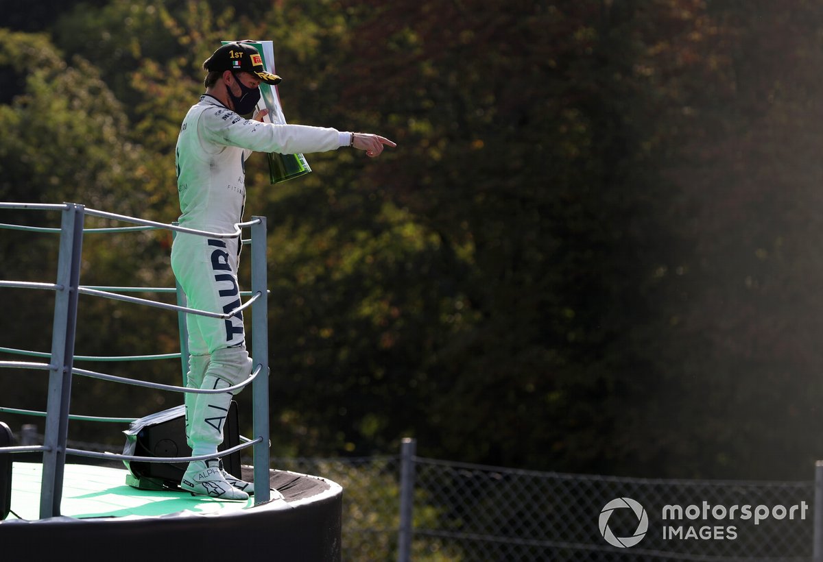 Pierre Gasly, AlphaTauri, 1st position, on the podium with his trophy