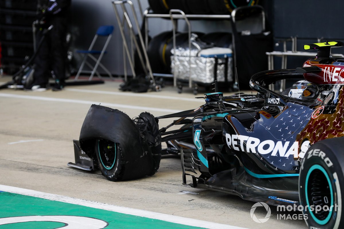 Valtteri Bottas, Mercedes F1 W11 EQ Performance coming in for a pitsop after getting a puncture