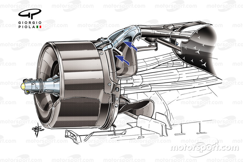 Mercedes W11: la sospensione posteriore con lo slot che in Australia è stato chiuso