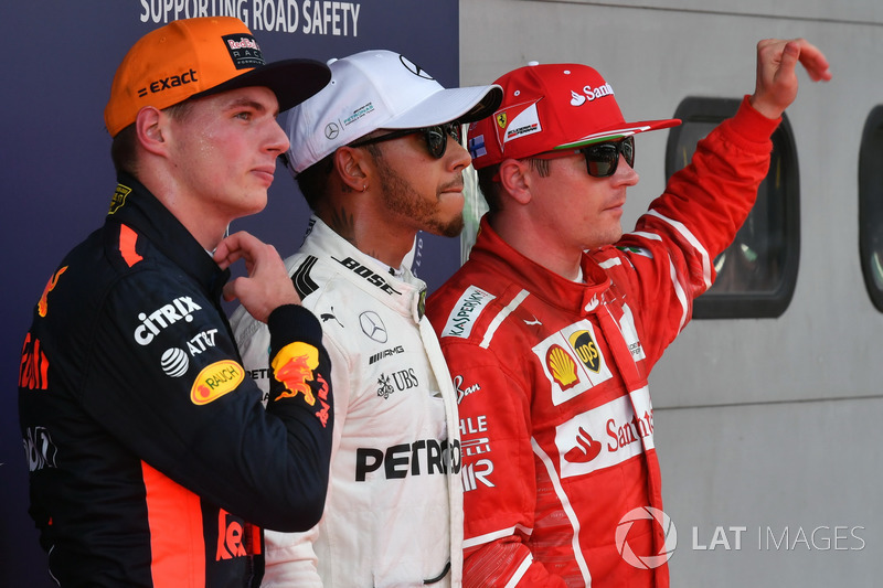 Max Verstappen, Red Bull Racing, pole sitter Lewis Hamilton, Mercedes AMG F1 and Kimi Raikkonen, Ferrari in parc ferme