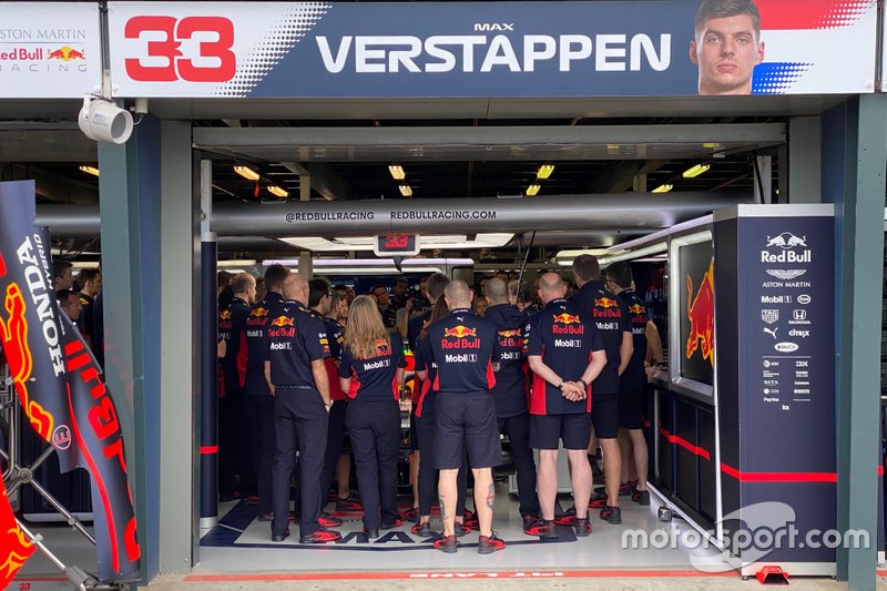 Red Bull Racing team being addressed by Christian Horner ahead of the official announcement of the Australian GP being cancelled