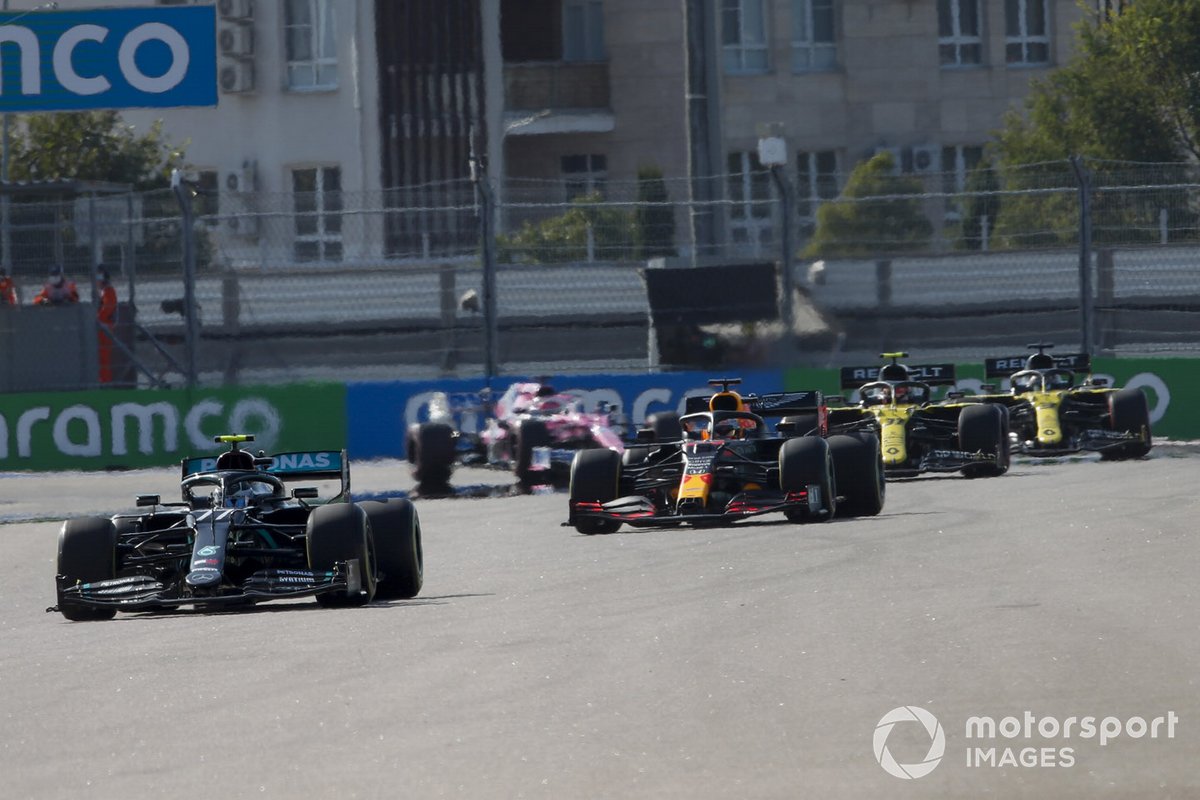 Valtteri Bottas, Mercedes F1 W11, Max Verstappen, Red Bull Racing RB16, Esteban Ocon, Renault F1 Team R.S.20, and Daniel Ricciardo, Renault F1 Team R.S.20