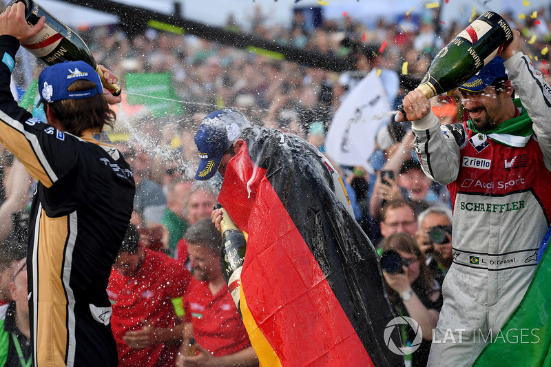 Jean-Eric Vergne, Techeetah, places 3rd, Lucas di Grassi, Audi Sport ABT Schaeffler, places 2nd, Daniel Abt, Audi Sport ABT Schaeffler, wins the Berlin ePrix