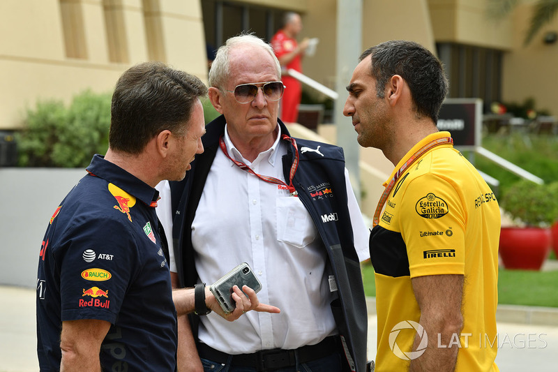 Christian Horner, Red Bull Racing Team Principal, Dr Helmut Marko, Red Bull Motorsport Consultant and Cyril Abiteboul, Renault Sport F1 Managing Director