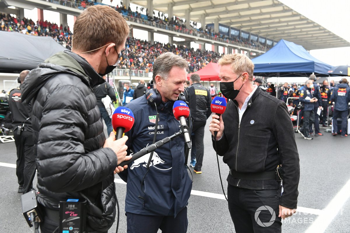 Christian Horner, Team Principal, Red Bull Racing, is interviewed on the grid by Paul di Resta and Simon Lazenby, Sky TV