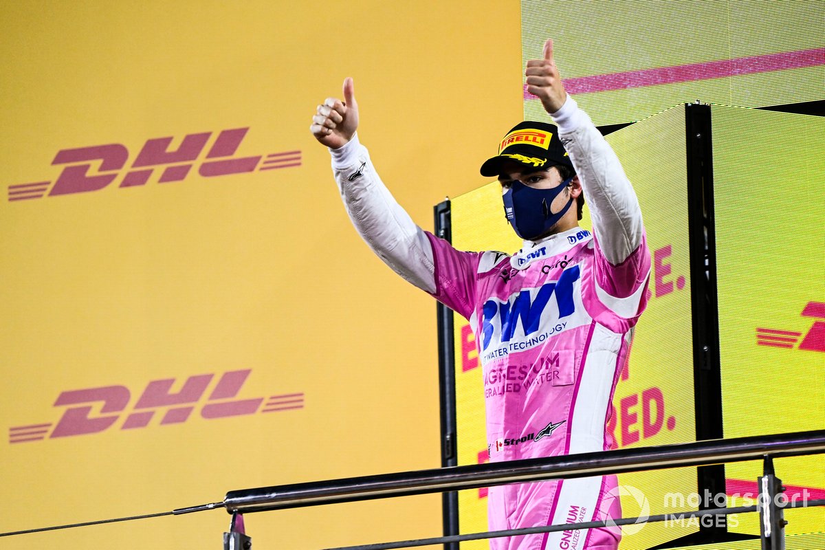 Lance Stroll, Racing Point, terzo classificato, sul podio