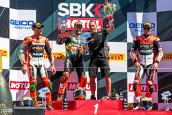 Sunday race podium: 1st place Tom Sykes, Kawasaki Racing Team, 2nd place Davide Giugliano, Aruba.it
