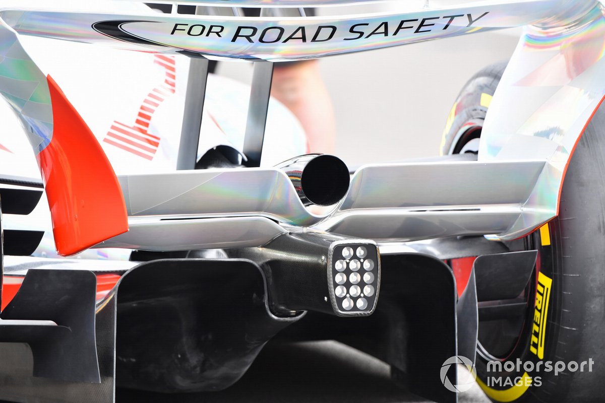 The 2022 Formula 1 car launch event on the Silverstone grid. Diffuser and exhaust detail