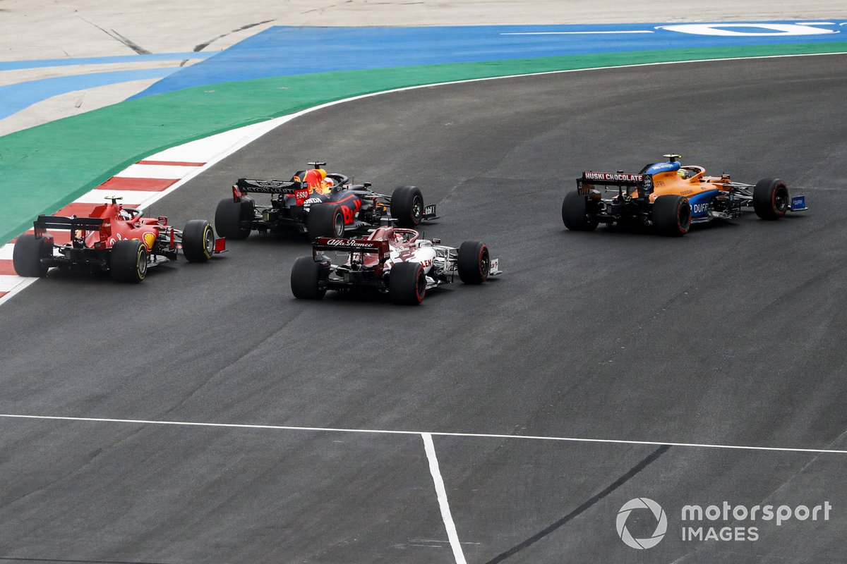 Lando Norris, McLaren MCL35, Max Verstappen, Red Bull Racing RB16, Kimi Raikkonen, Alfa Romeo Racing C39, and Charles Leclerc, Ferrari SF1000