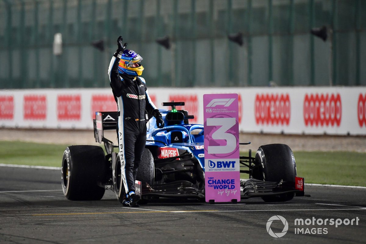 Fernando Alonso, Alpine F1, 3rd position, celebrates on arrival in Parc Ferme