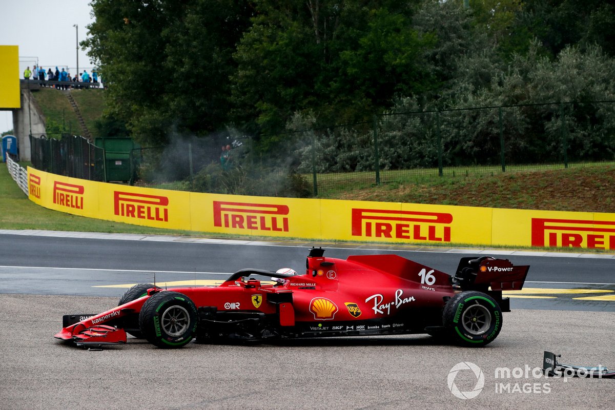 Charles Leclerc, Ferrari SF21, comes to a halt with damage