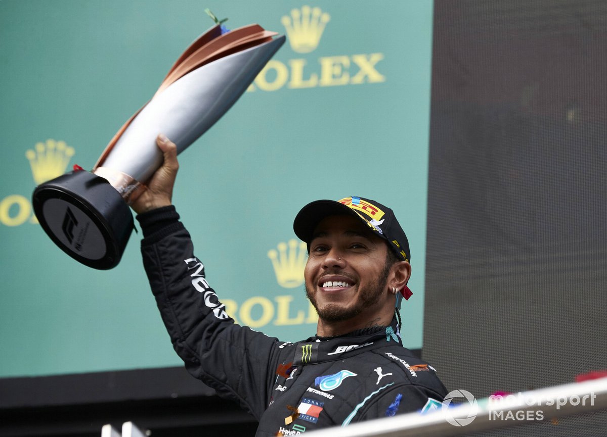 Lewis Hamilton, Mercedes-AMG F1, 1st position, lifts his trophy on the podium