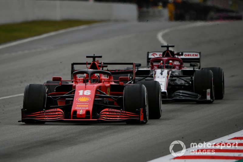 Charles Leclerc, Ferrari SF1000, leads Kimi Raikkonen, Alfa Romeo Racing C39