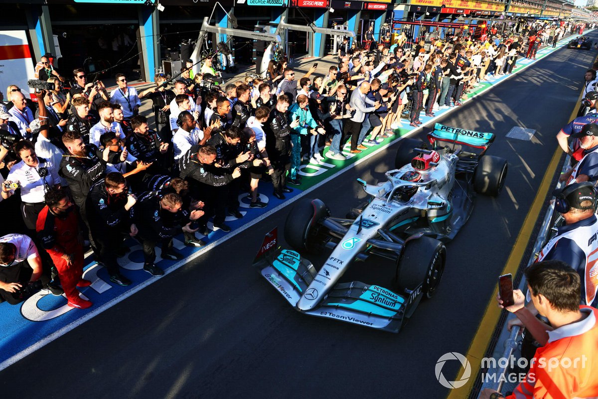 George Russell, Mercedes W13, 3rd position, drives in to Parc Ferme