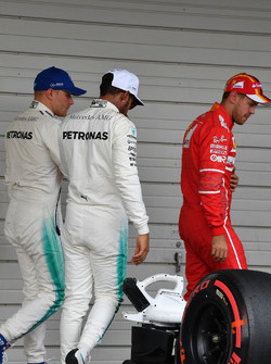 Valtteri Bottas, Mercedes AMG F1, Lewis Hamilton, Mercedes AMG F1 and Sebastian Vettel, Ferrari in parc ferme