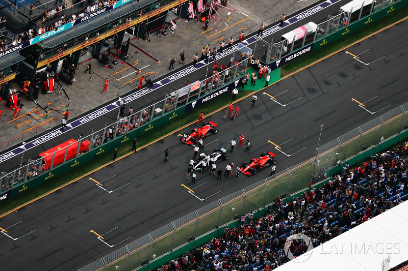 Parc Ferme on the grid after qualifying after Lewis Hamilton, Mercedes AMG F1 W09, takes pole position followed by Sebastian Vettel, Ferrari SF71H and Kimi Raikkonen, Ferrari SF71H