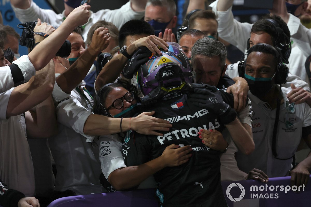 Lewis Hamilton, Mercedes, 1st position, celebrates in Parc Ferme