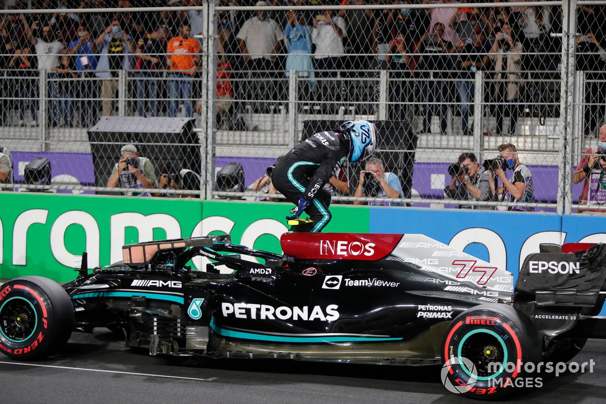 Valtteri Bottas, Mercedes, arrives in Parc Ferme after Qualifying