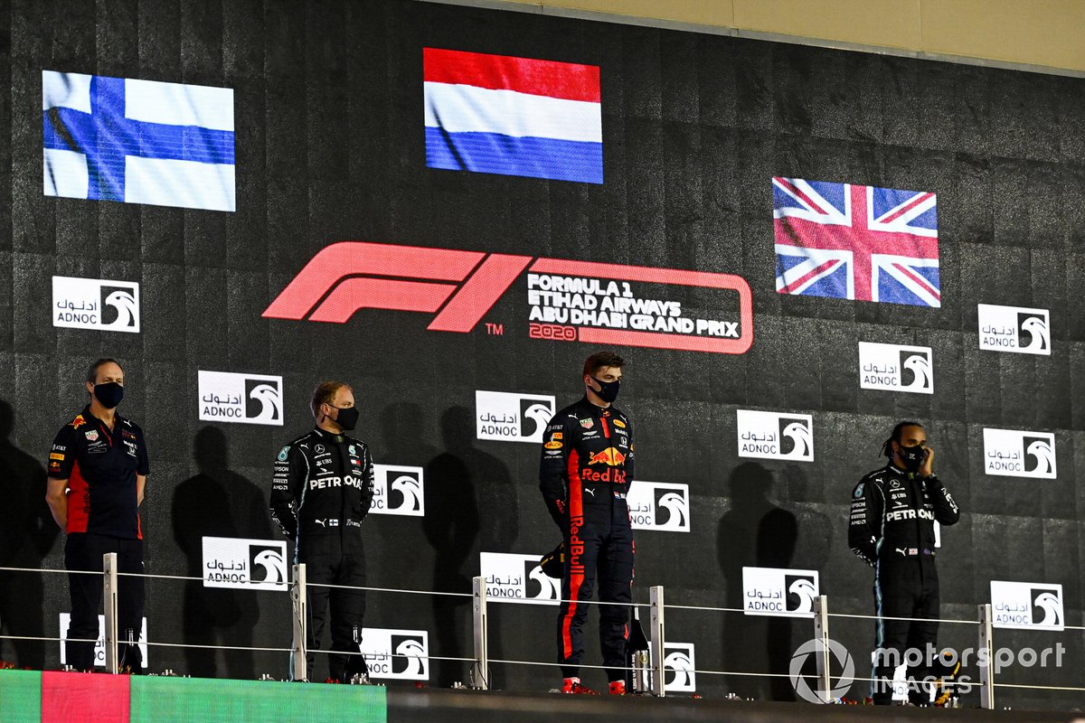 Paul Monaghan, Chief Engineer, Red Bull Racing, Valtteri Bottas, Mercedes-AMG F1, Race Winner Max Verstappen, Red Bull Racing and Lewis Hamilton, Mercedes-AMG F1 on the podium