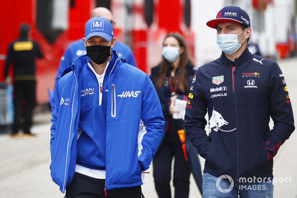 Mick Schumacher, Haas F1, and Max Verstappen, Red Bull Racing