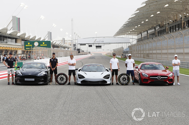 Max Verstappen, Red Bull Racing, Daniel Ricciardo, Red Bull Racing, with the Aston Martin Vanquish S. Fernando Alonso, McLaren, and Stoffel Vandoorne, McLaren, with the McLaren 720s. Lewis Hamilton, Mercedes AMG F1, and Valtteri Bottas, Mercedes AMG F1, wi