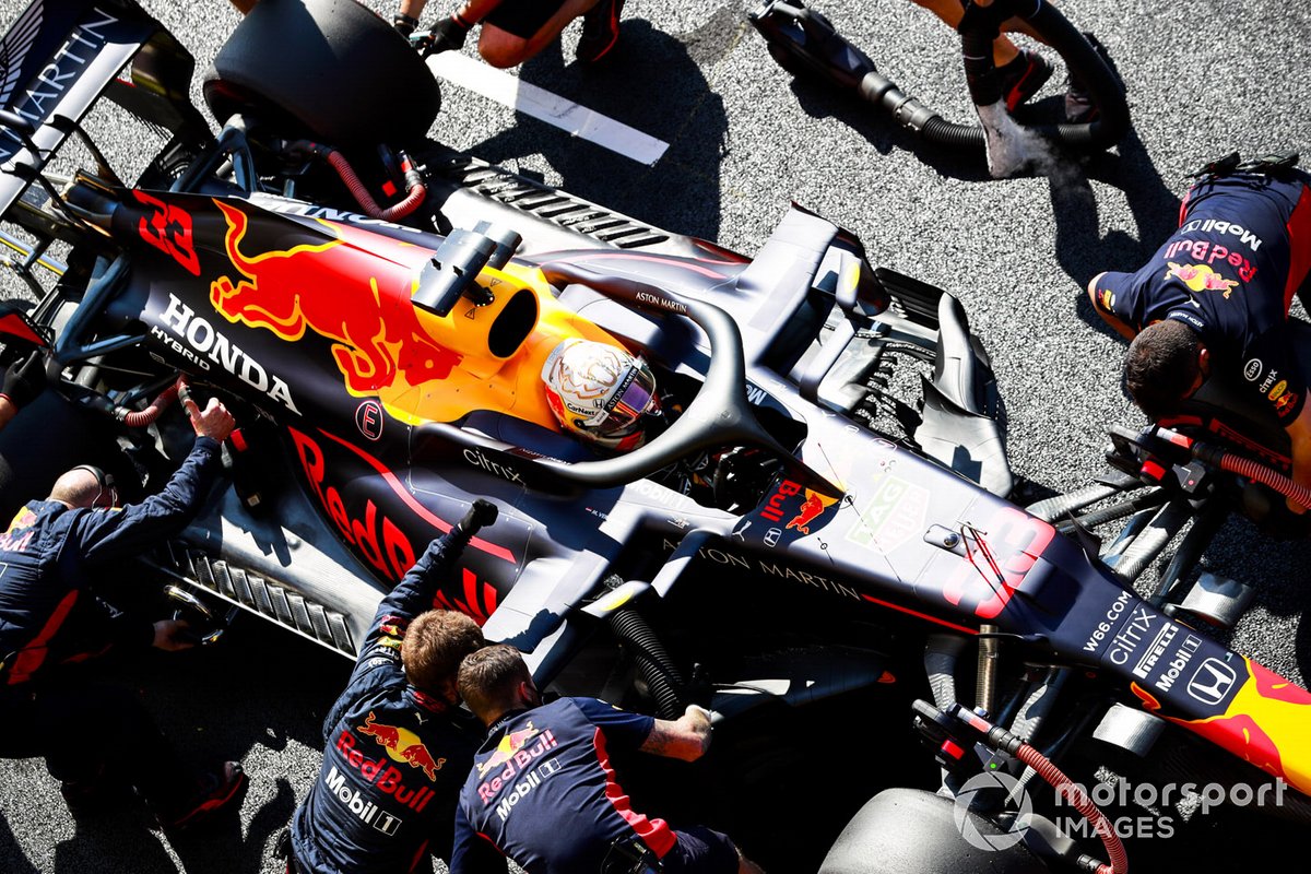 Max Verstappen, Red Bull Racing RB16, in the pit lane during Qualifying